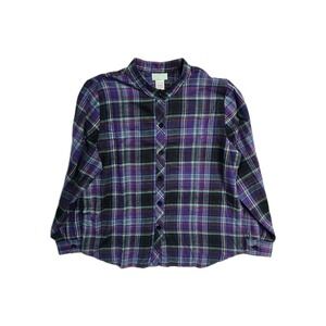 220 hickory Women's  Large Flannel Plaid Button Down Shirt ‎ Purple   Crew Neck